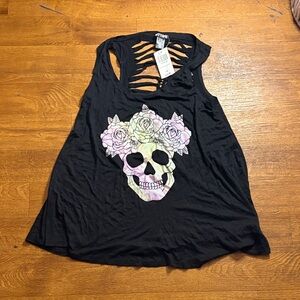 Hot Topic Black Floral Glitter Skull Tank Top